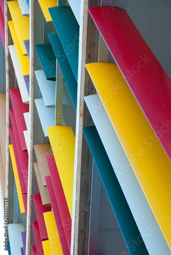 Facade of modern building with colorful metal decor. Construction background. Exterior pattern.