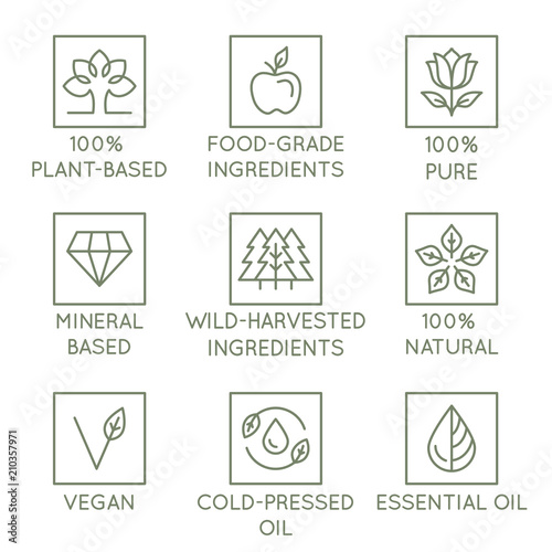 Vector set of design elements, logo design template, icons and badges for natural and organic cosmetics in trendy linear style - plant-based, food-grade and wild harvested ingredients