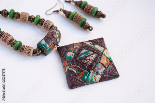 Mayan jewelry. Handmade jewelry set amulet and earrings. Ancient ethnic hystory symbol.