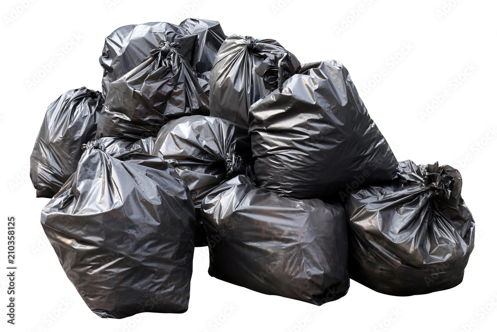 waste, black garbage bags plastic pile stack isolated on white background, lots pile of garbage black bags stack