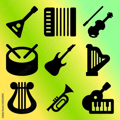 Vector icon set  about music instruments with 9 icons related to decoration, bass, musician, accordion and gusli