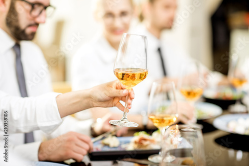 Close-up view on the delicious meals and wine during a business lunch at the restaurant