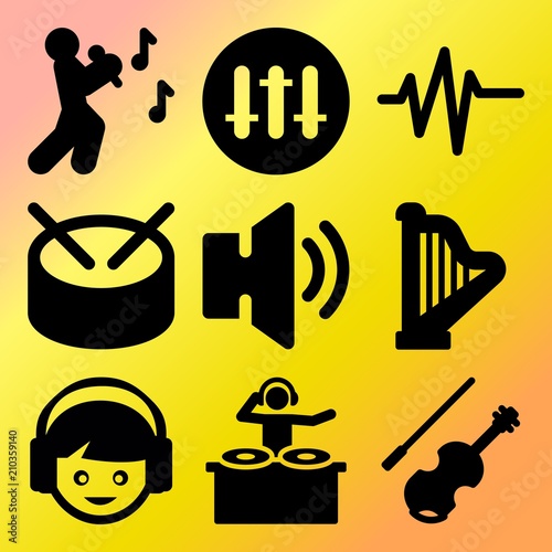 Vector icon set  about music with 9 icons related to white, sheet, art, soundtrack and artistic