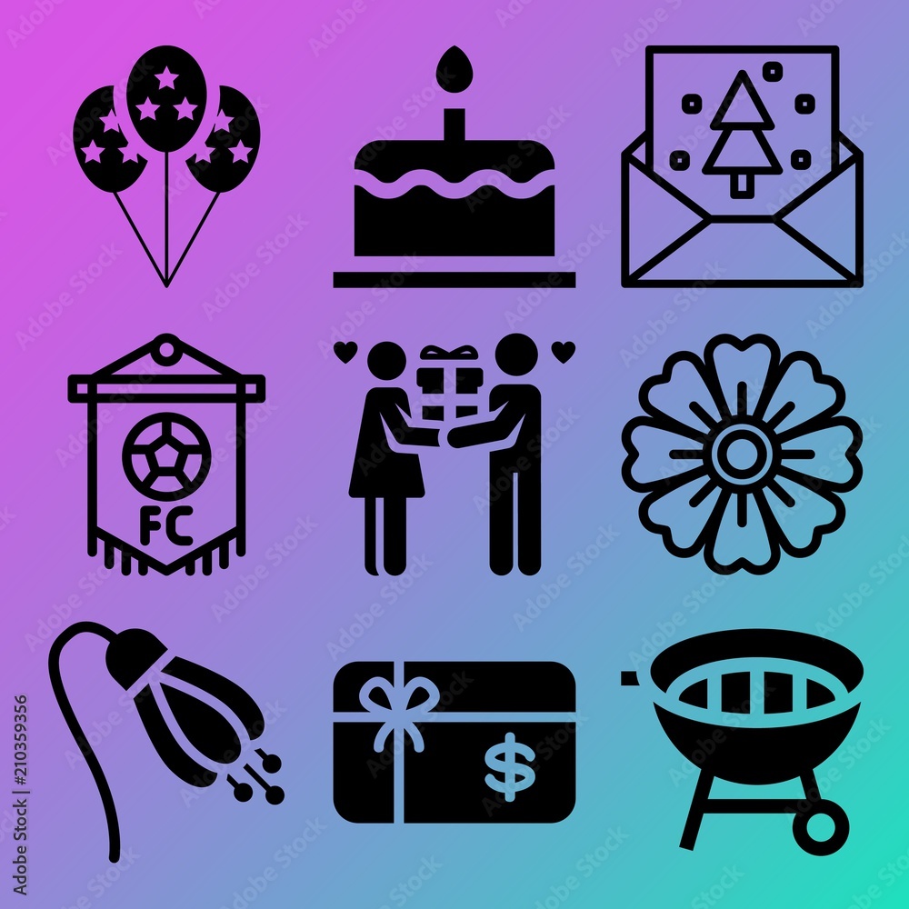 Fototapeta premium Vector icon set about birthday party with 9 icons related to icing, frame, plant, dancing and graphic