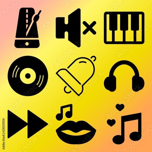 Vector icon set  about music with 9 icons related to screen, equipment, wallpaper, navigation and video