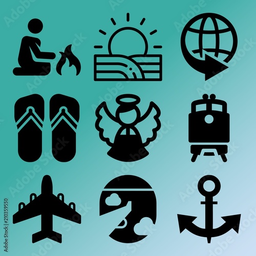 Vector icon set  about travel and tourism with 9 icons related to sailing, railway, rubber, electric and rope