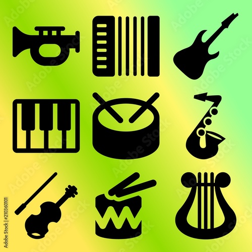 Vector icon set  about music instruments with 9 icons related to musical  trommel  guitar  music keys and musician