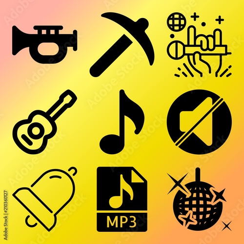Vector icon set  about music with 9 icons related to glitter, joyful, acoustic, notification and musician