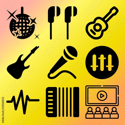 Vector icon set  about music with 9 icons related to mirrorball, melody, festival, sex and entertainment