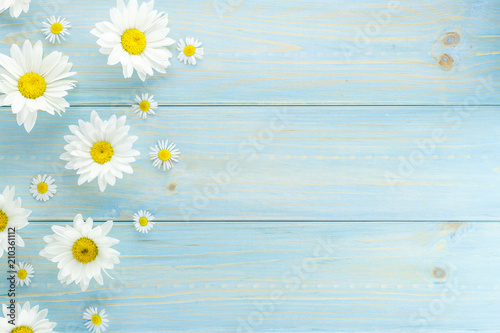 White daisies and garden flowers on a light blue worn wooden table. The flowers are arranged side, empty space left on the other side.