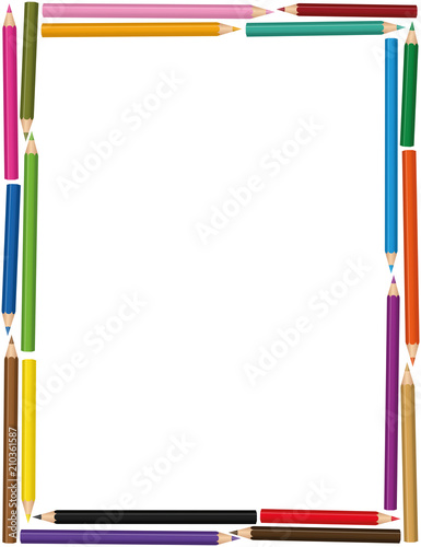 Colorful vertical crayons frame with loosely arranged color pencil set - isolated vector illustration on white background.