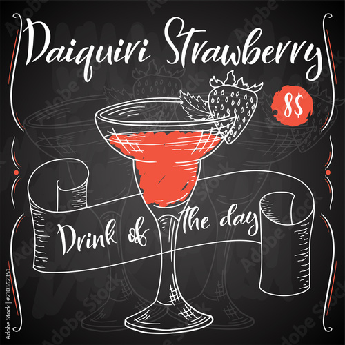 Vector dring poster. Cocktail Daiquiri Strawberry for restaurant and cafe. Hand drawn illustration