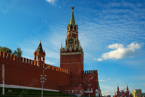 MOSCOW - October 2, 2014: Moscow Lenin mausoleum in the Kremlin. Russia. Spasskaya tower of the Kremlin.
