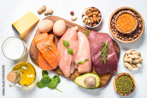 Protein sources - meat, fish, cheese, nuts, beans and greens.