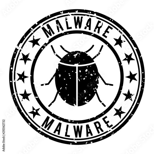 Malware in computere, stamp with a bug photo