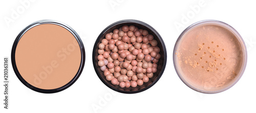 Set of face powder for make up isolated on white. Bronzing face pearls.