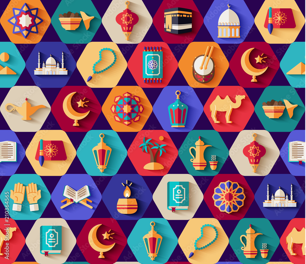 Fototapeta Seamless pattern with arabic symbols in hexagon shapes on dark purple background. Ramadan Kareem wrapping paper design. Vector illustration