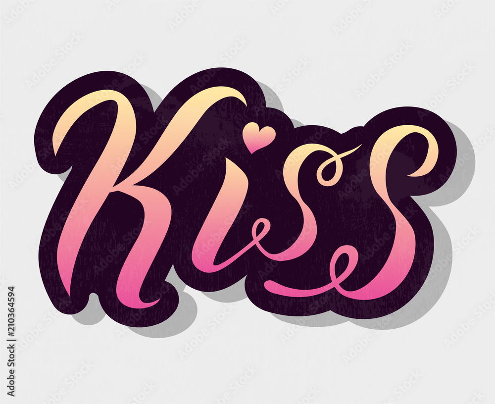 Kiss gradient yellow and pink lettering on grey background. Romantic love print. Handmade brush calligraphy vector illustration. Kiss me vector design for poster, logo,card, banner,postcard and print. Kiss gradient yellow and pink lettering on grey background. Romantic love print. Handmade brush calligraphy vector illustration. Kiss me vector design for poster, logo,card, banner,postcard and print.