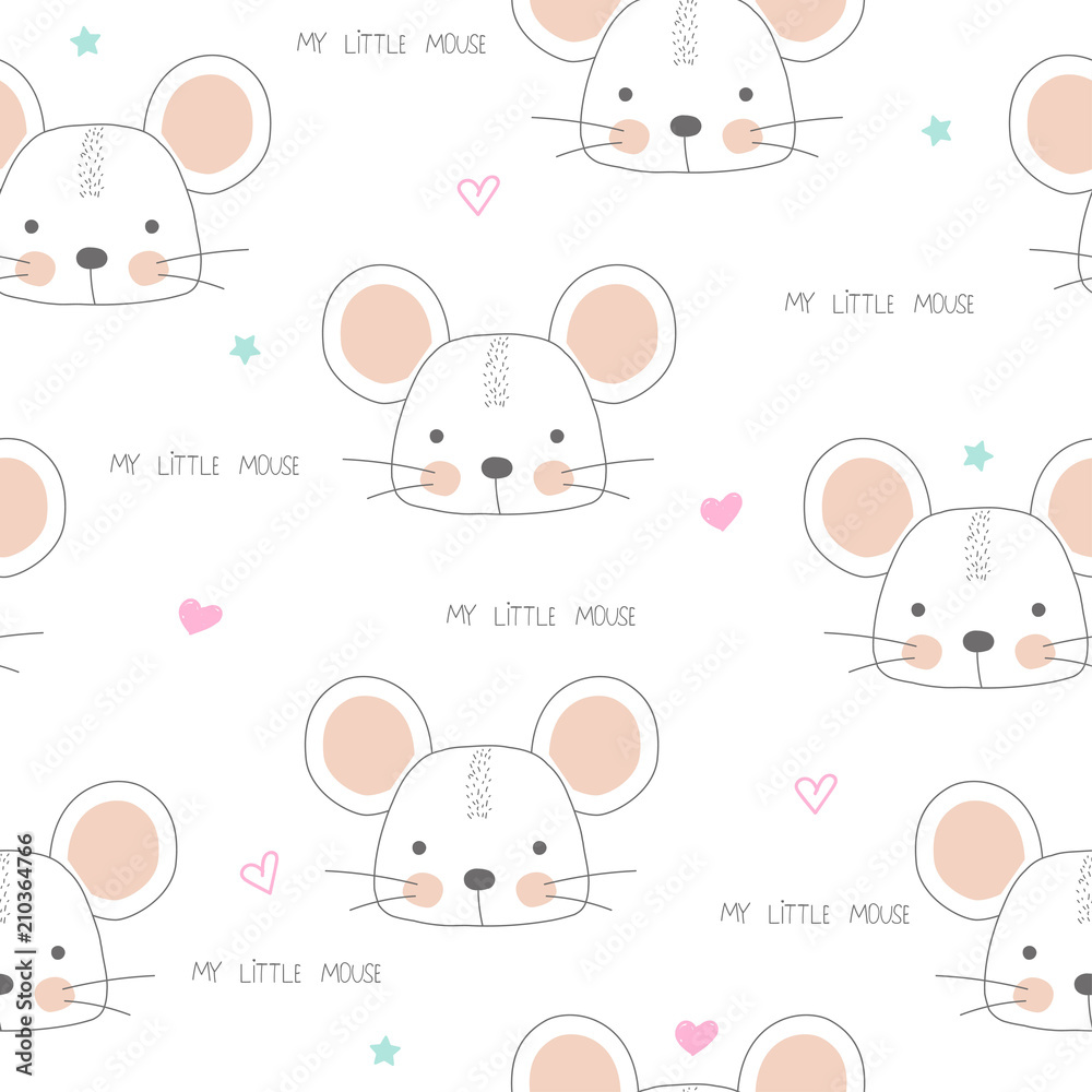 Obraz premium Cute mouse pastel seamless pattern with quotes. Vector hand drawn illustration.