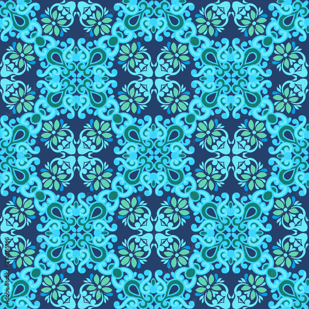 Seamless patchwork pattern tiles from Morocco, Portugal in blue colors. Decorative ornament can be used for wallpaper, backdrop, fabric, textile, wrapping paper.