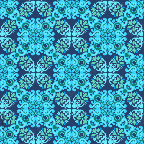 Seamless patchwork pattern tiles from Morocco, Portugal in blue colors. Decorative ornament can be used for wallpaper, backdrop, fabric, textile, wrapping paper.