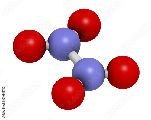 Nitrogen tetroxide  dinitrogen tetroxide  N2O4  rocket propellant molecule. 3D rendering. Atoms are represented as spheres with conventional color coding  nitrogen  blue   oxygen  red .