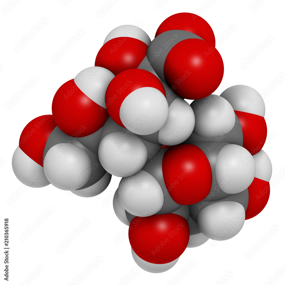 Lactobionic acid (lactobionate) molecule. Commonly used additive in food products, medicinal products and cosmetics. 3D rendering. Atoms are represented as spheres with conventional color coding. Lactobionic acid (lactobionate) molecule. Commonly used additive in food products, medicinal products and cosmetics. 3D rendering. Atoms are represented as spheres with conventional color coding.