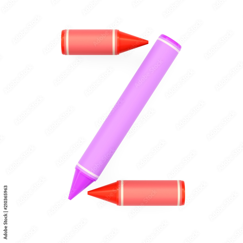 Colored wax crayons assembled like capital letter Z on white background, 3D rendered font image for education, art and childish typography Colored wax crayons assembled like capital letter Z on white background, 3D rendered font image for education, art and childish typography