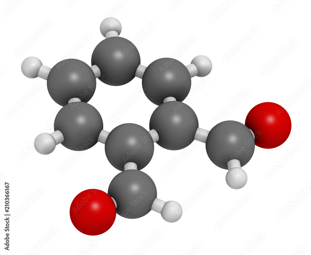 Phthalaldehyde (ortho-phthalaldehyde, OPA) disinfectant molecule. 3D rendering. Atoms are represented as spheres with conventional color coding: hydrogen (white), carbon (grey), oxygen (red). Phthalaldehyde (ortho-phthalaldehyde, OPA) disinfectant molecule. 3D rendering. Atoms are represented as spheres with conventional color coding: hydrogen (white), carbon (grey), oxygen (red).