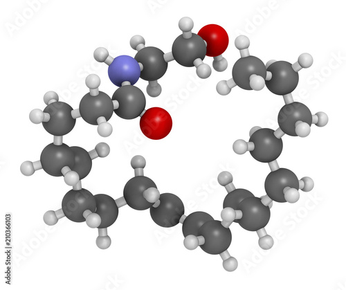 Oleoylethanolamide (OEA) endogenous peroxisome proliferator-activated receptor alpha (PPAR-α) agonist molecule. 3D rendering. Atoms are represented as spheres with conventional color. photo