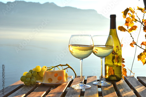 Wine against vineyards in Lavaux, Switzerland