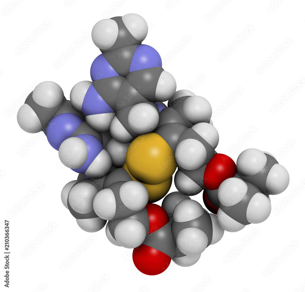 Sulbutiamine asthenia drug molecule. Also used in nutritional supplements. 3D rendering. Atoms are represented as spheres with conventional color coding. Sulbutiamine asthenia drug molecule. Also used in nutritional supplements. 3D rendering. Atoms are represented as spheres with conventional color coding.