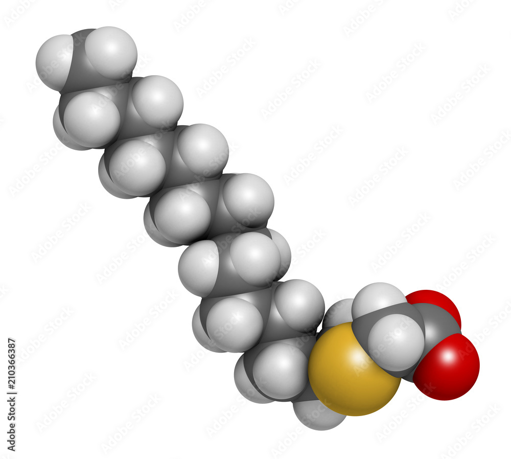 Tetradecylthioacetic acid (TTA) synthetic fatty acid molecule. 3D rendering. Atoms are represented as spheres with conventional color coding: hydrogen (white), carbon (grey), etc Tetradecylthioacetic acid (TTA) synthetic fatty acid molecule. 3D rendering. Atoms are represented as spheres with conventional color coding: hydrogen (white), carbon (grey), etc