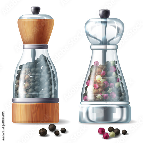 Vector realistic set of two pepper mills, glass containers filled with various peppercorns, isolated on white background. Kitchen equipment for grind and prepare spicy seasoning for eating and cooking