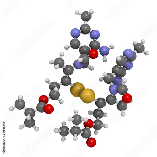 Sulbutiamine asthenia drug molecule. Also used in nutritional supplements. 3D rendering. Atoms are represented as spheres with conventional color coding.