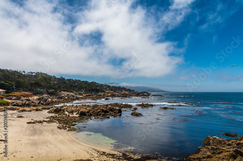 Ocean view of a curved beach, rocks and cypress tree. The sky and ocean is blue. There are white clouds in the sky. The beach, rocks and ocean are in the foreground