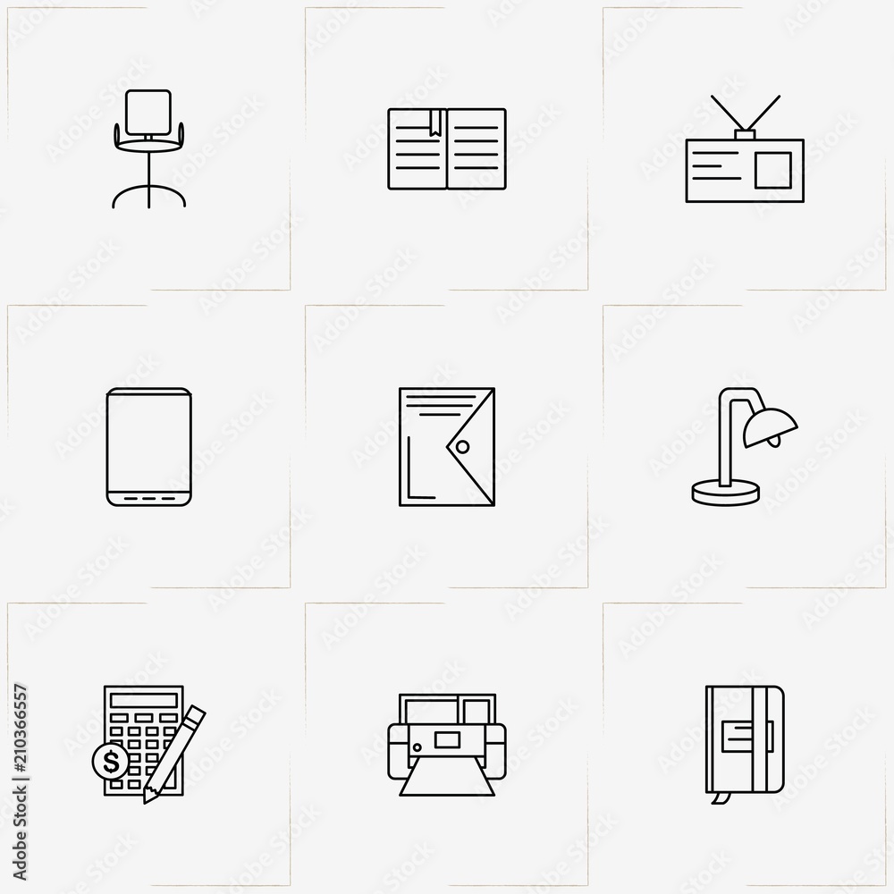 Office line icon set with smart phone, note book and table lamp Office line icon set with smart phone, note book and table lamp