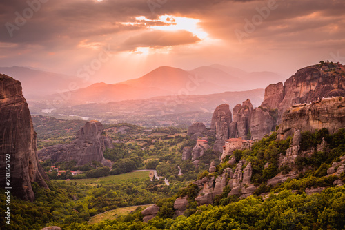 Greece. Meteora. Sandstone rock formations. Mountain scenery at sunset with Meteora rocks