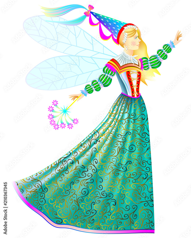 Illustration of fairy-tale princess with magic wand in beautiful medieval  dress. Vector cartoon image. Stock Vector | Adobe Stock