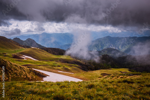 Mountains tundra in clouds landscape. Zagori region, Epirus, Greece 