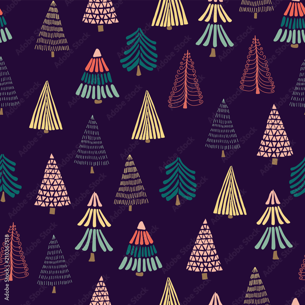 Doodle trees on a dark blue background. Seamless vector pattern. Great for christmas - Perfect for holiday cards, wrapping paper, and fabric.
