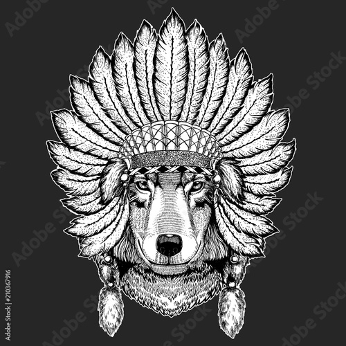 Fototapeta Naklejka Na Ścianę i Meble -  Wolf Dog Traditional ethnic indian boho headdress Tribal shaman hat Ceremonial element