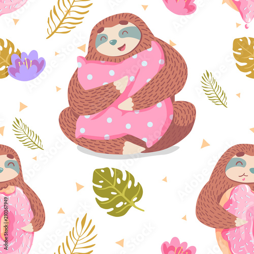 cute seamless pattern with cartoon sloth hugs donut and pillow. tropical leaves and triangles. wrapping paper pattern
