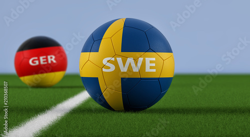 Germany vs. Sweden Soccer Match - Soccer balls in German and Swedens national colors on a soccer field. Copy space on the right side - 3D Rendering   