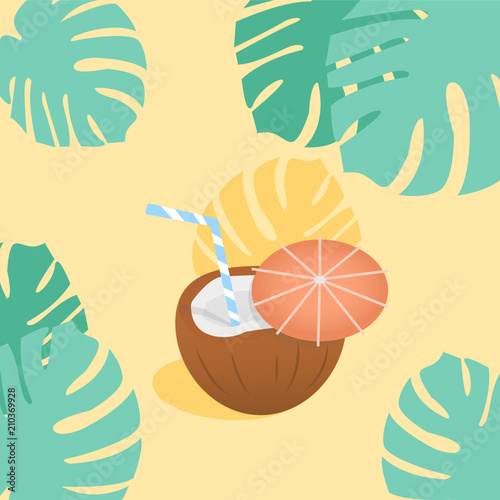 Coconut cocktail with small umbrella, hibiscus flowers and palm leaves banner. Place for your text. Invitation, banner, card, poster, flyer. Summer vibes