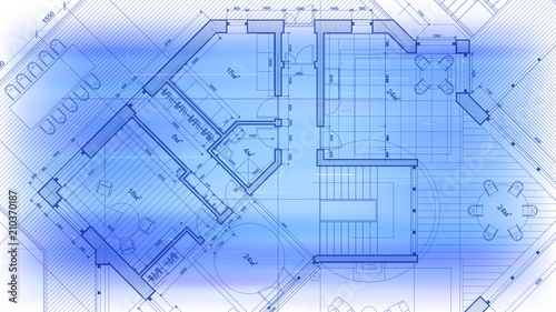 architectural blueprint - the architectural plan of a modern residential building with the layout of the interiors of different rooms, elements of furniture & equipment on a technological background © Uladzimir