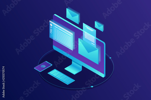 Concept of development and software. Monitor with program code on screen and open web pages. Digital industry. Innovations and technologies. Vector flat illustration.