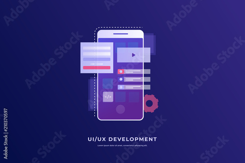 Concept of development and software. Monitor with program code on screen and open web pages. Digital industry. Innovations and technologies. Vector flat illustration.