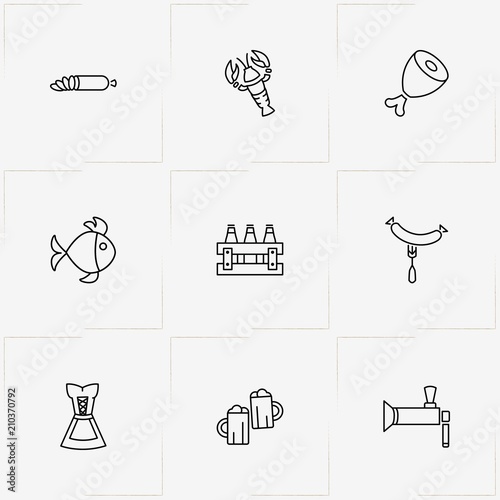 Oktoberfest line icon set with beer, beer tap  and lobster