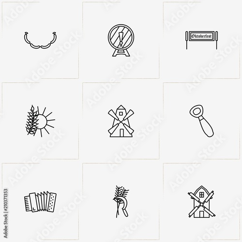 Oktoberfest line icon set with mill, harmonic  and banner board